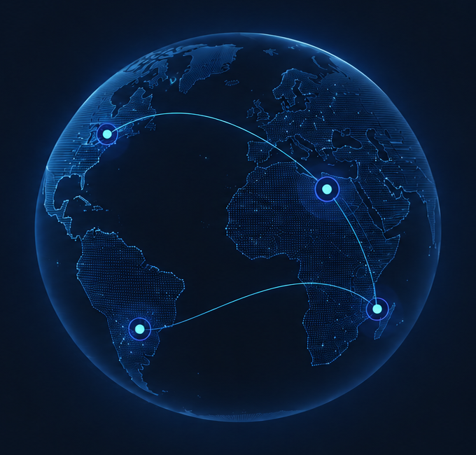 Illustrative partnership network in development: four points and three routes on an Atlantic-facing globe. The routes do not represent confirmed geographic coverage.